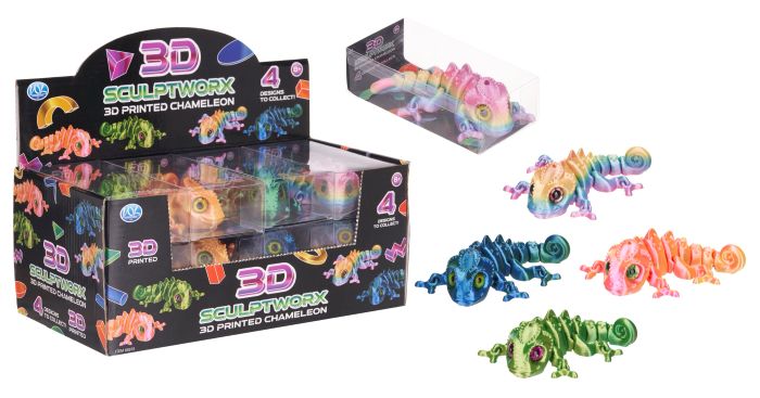 CAMALEONTI Stampati a 3D in PLA 14cm 4ass In espo da 12pz…x12…x96